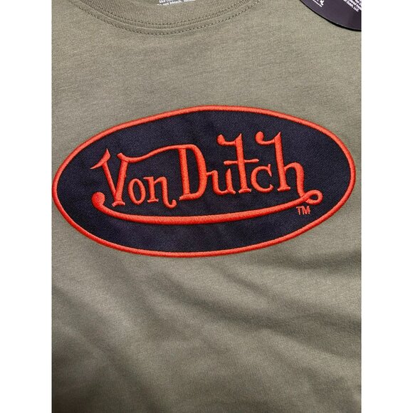 Von Dutch Olive Green T-Shirt M Logo Embroidery Front Print Back Casual Wear Dur - Picture 2 of 5